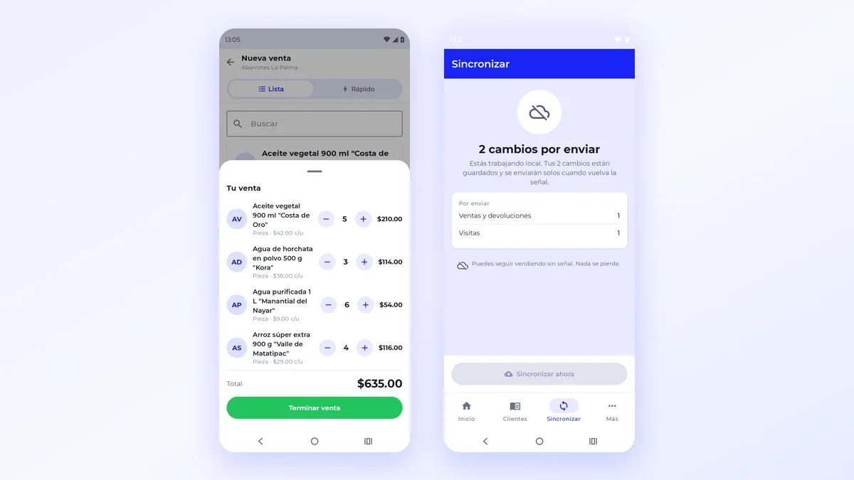 App móvil de ControlRuta: registro de una venta con total de $635.00 y pantalla de trabajo sin señal con cambios por sincronizar